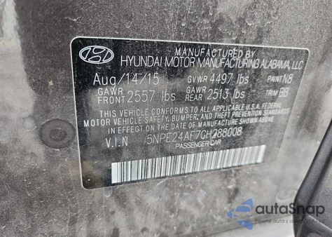 2016 Hyundai Sonata Se z USA, uszkodzony, nr VIN 5NPE24AF7GH288008